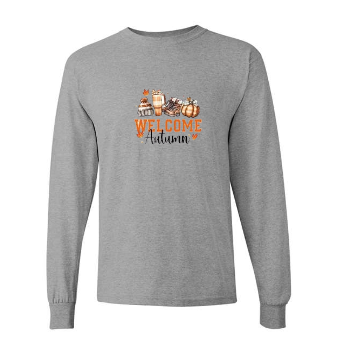 Welcome Autumn design on grey long sleeve tee