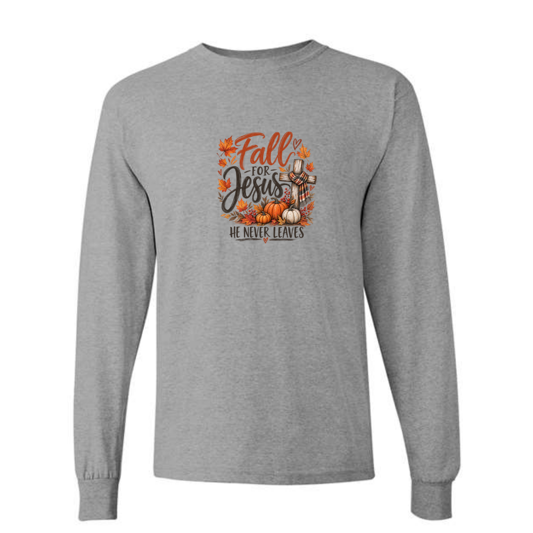 Fall For Jesus He Never Leaves — Watercolor design on grey long sleeve tee