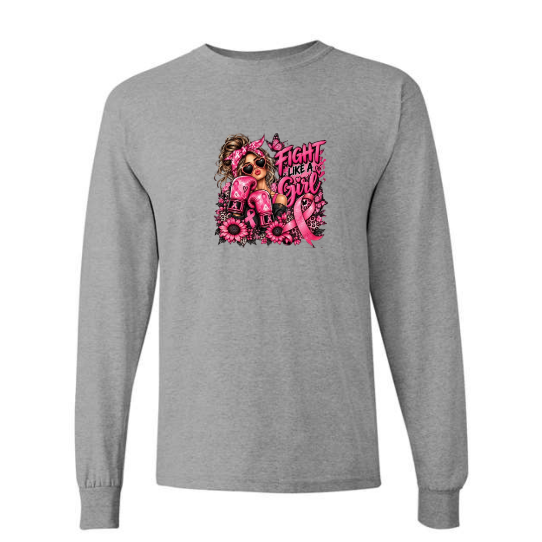 Fight Like A Girl — Boxing Gloves design on grey long sleeve tee