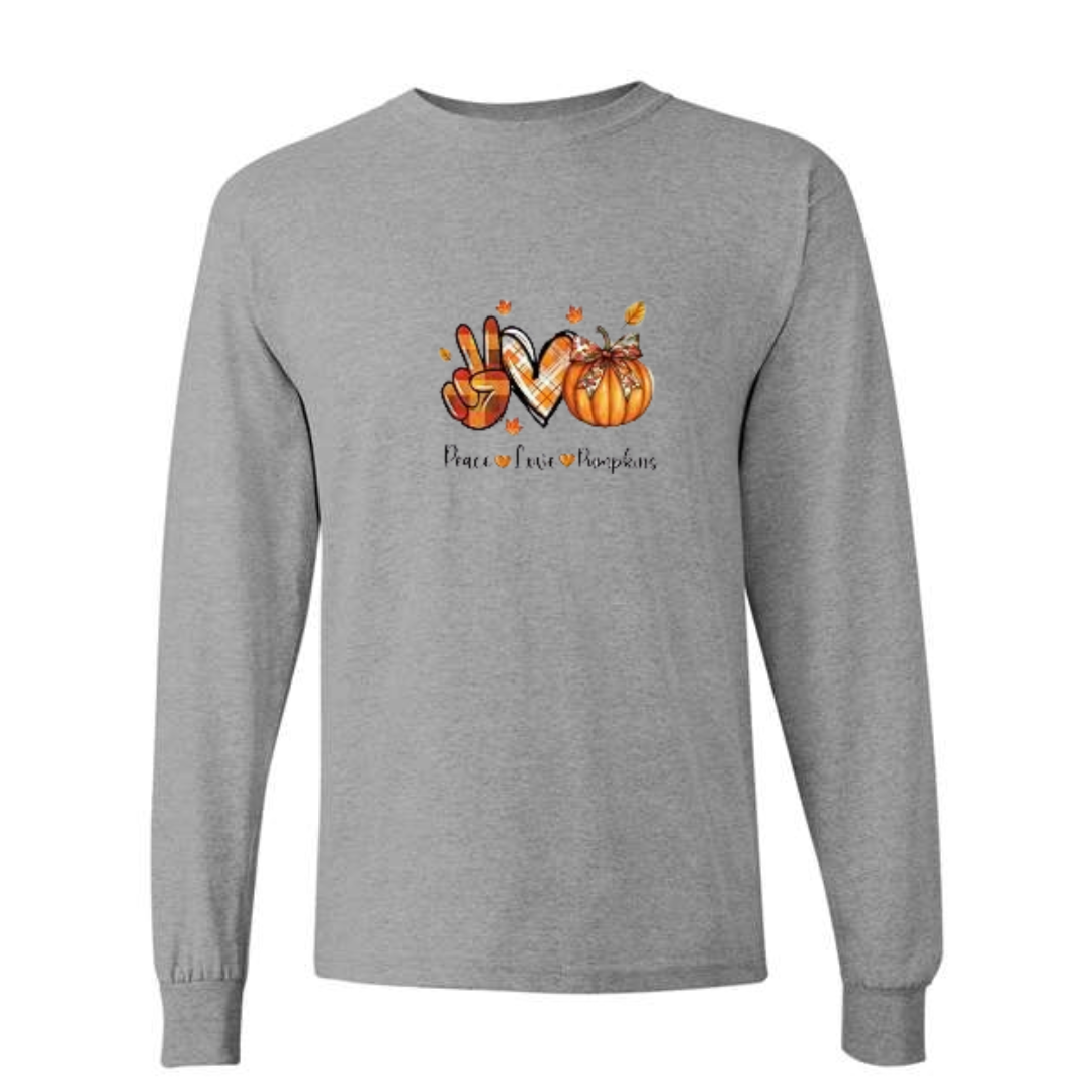 Peace Love Pumpkins design on grey long sleeve tee