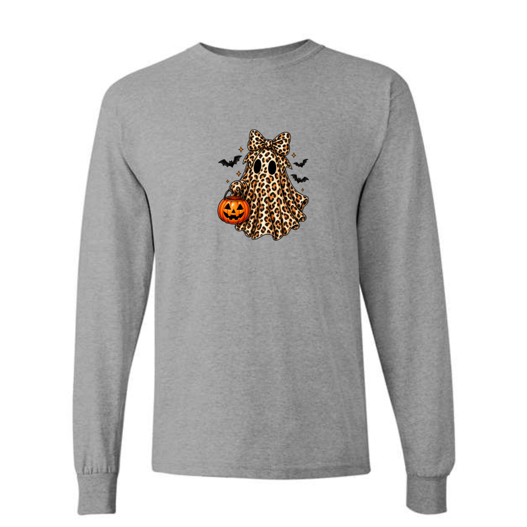 Leopard Ghost With Pumpkin Pail design on grey long sleeve tee