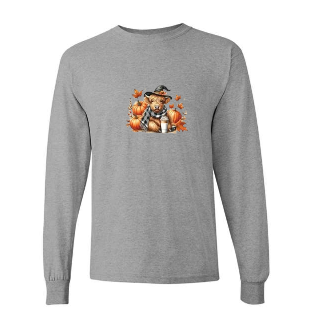 Cozy Highland Cow design on grey long sleeve tee