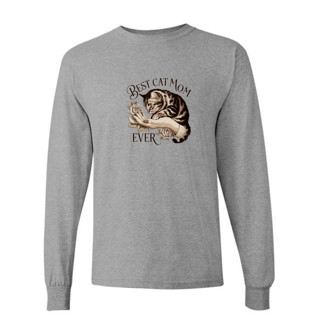 Best Cat Mom Ever design on grey long sleeve tee