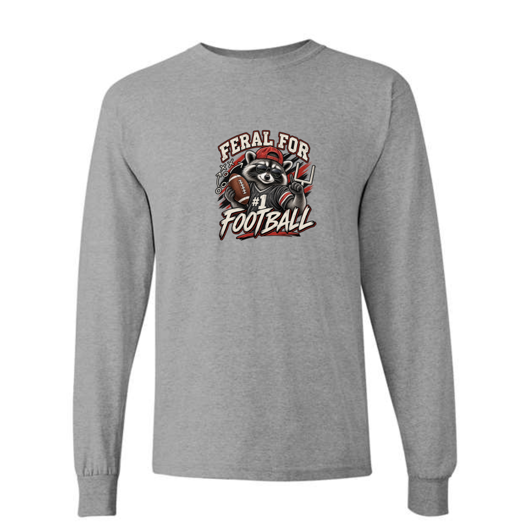 Feral For Football — Varsity Red design on grey long sleeve tee