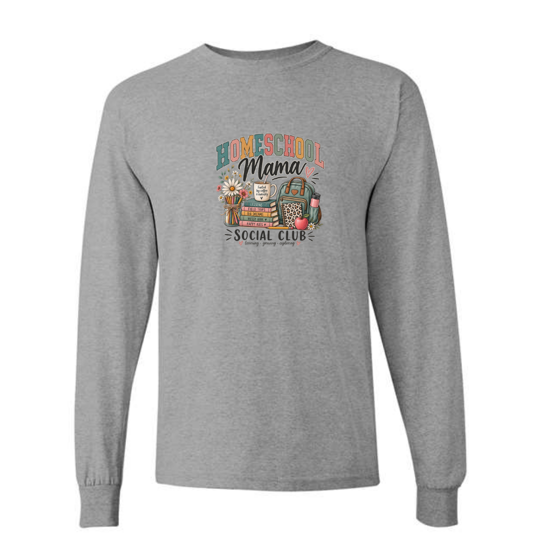 Homeschool Mama Social Club design on grey long sleeve tee