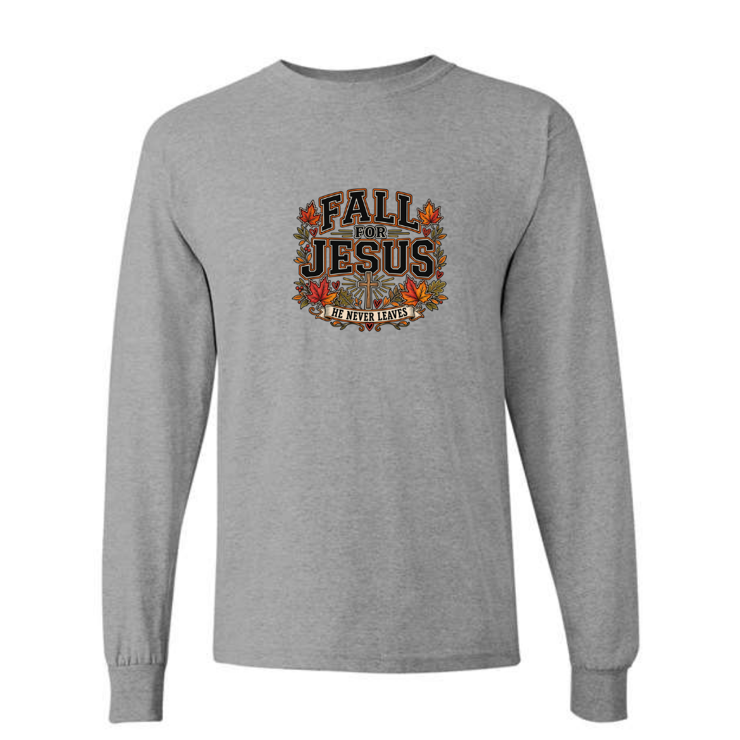Fall For Jesus He Never Leaves — Bold design on grey long sleeve tee