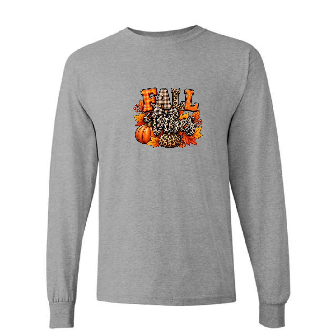 Fall Vibes design on grey long sleeve tee