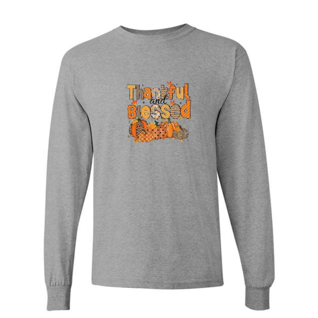 Thankful And Blessed design on grey long sleeve tee
