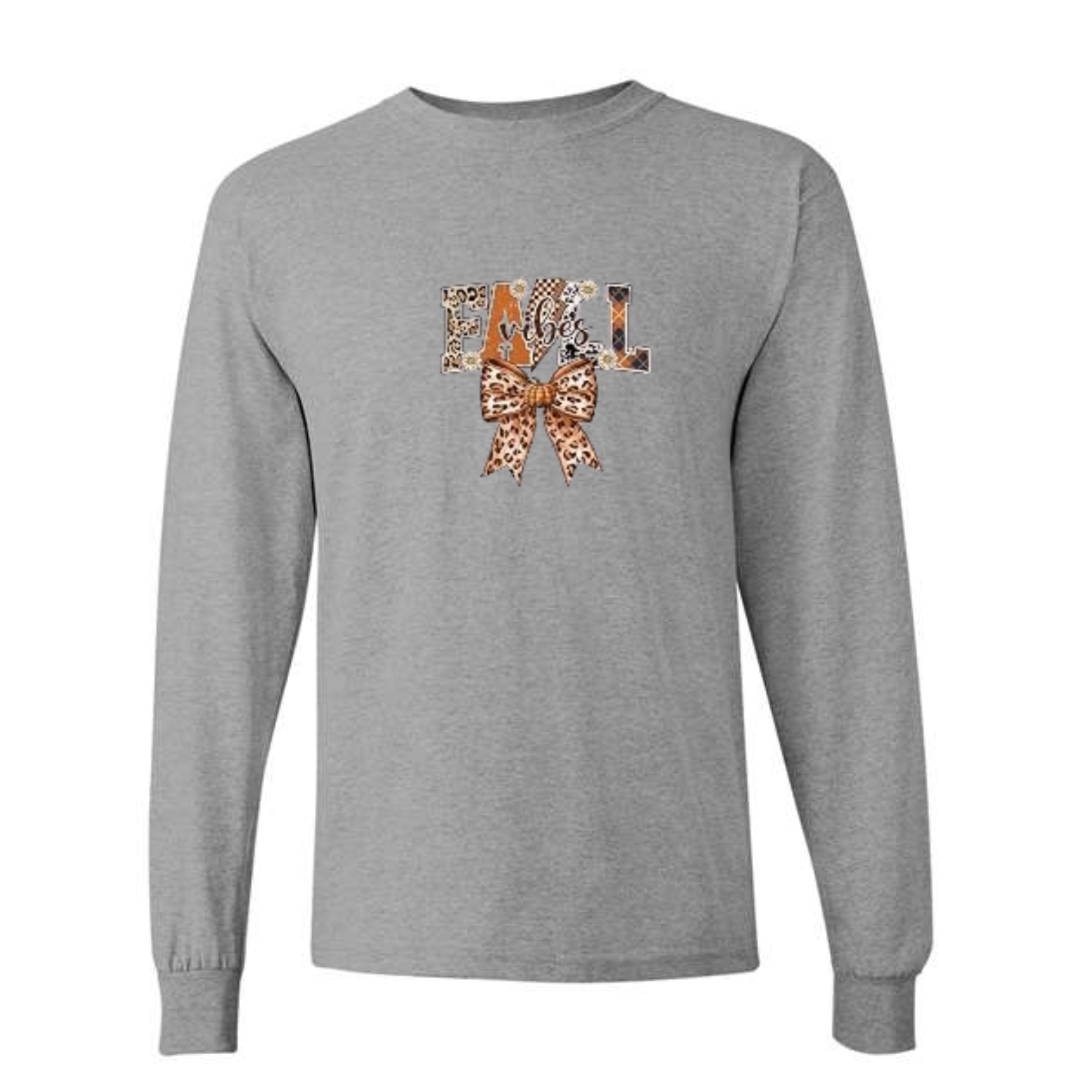 Fall Vibes Bow design on grey long sleeve tee
