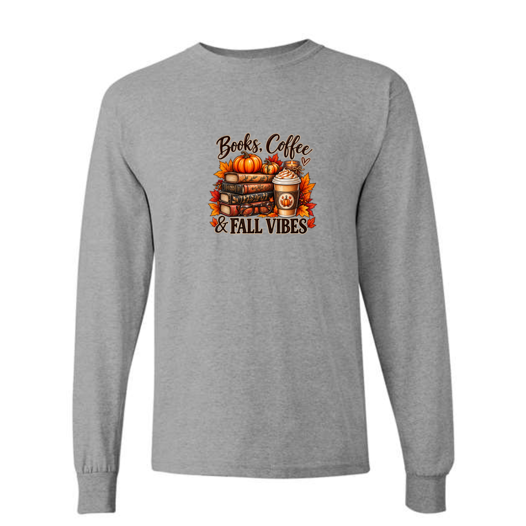 Books Coffee & Fall Vibes design on grey long sleeve tee