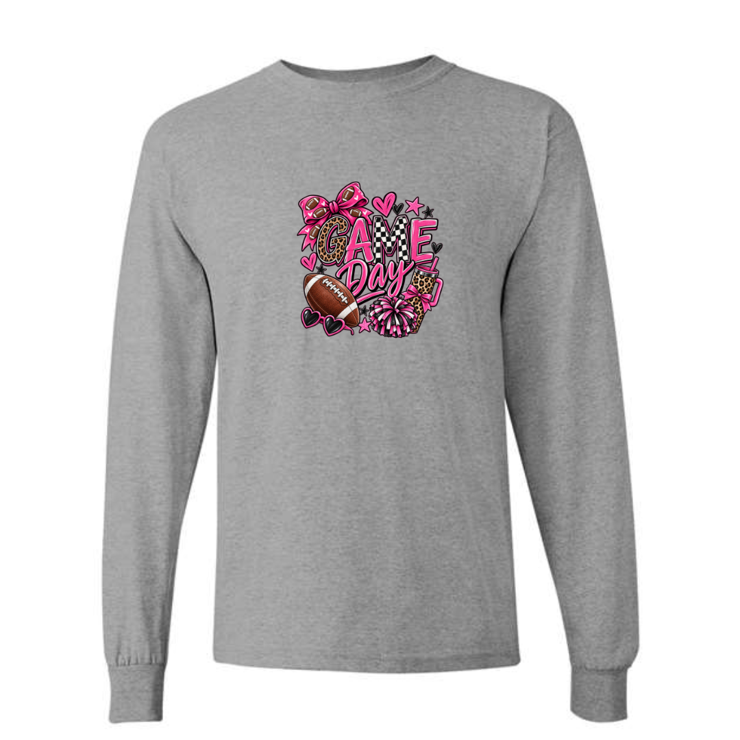 Game Day — Pink Leopard design on grey long sleeve tee