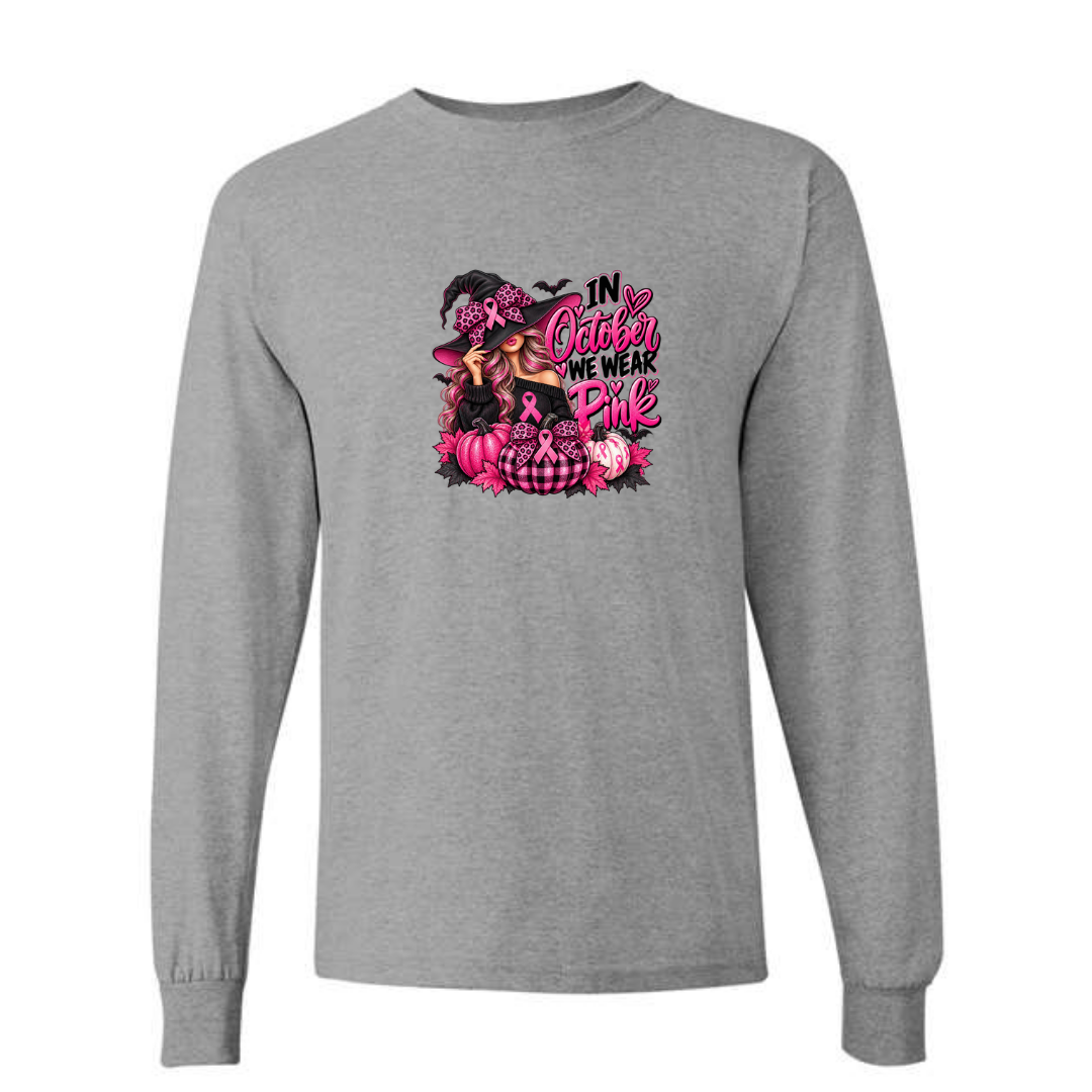 In October We Wear Pink — Witch Hat design on grey long sleeve tee
