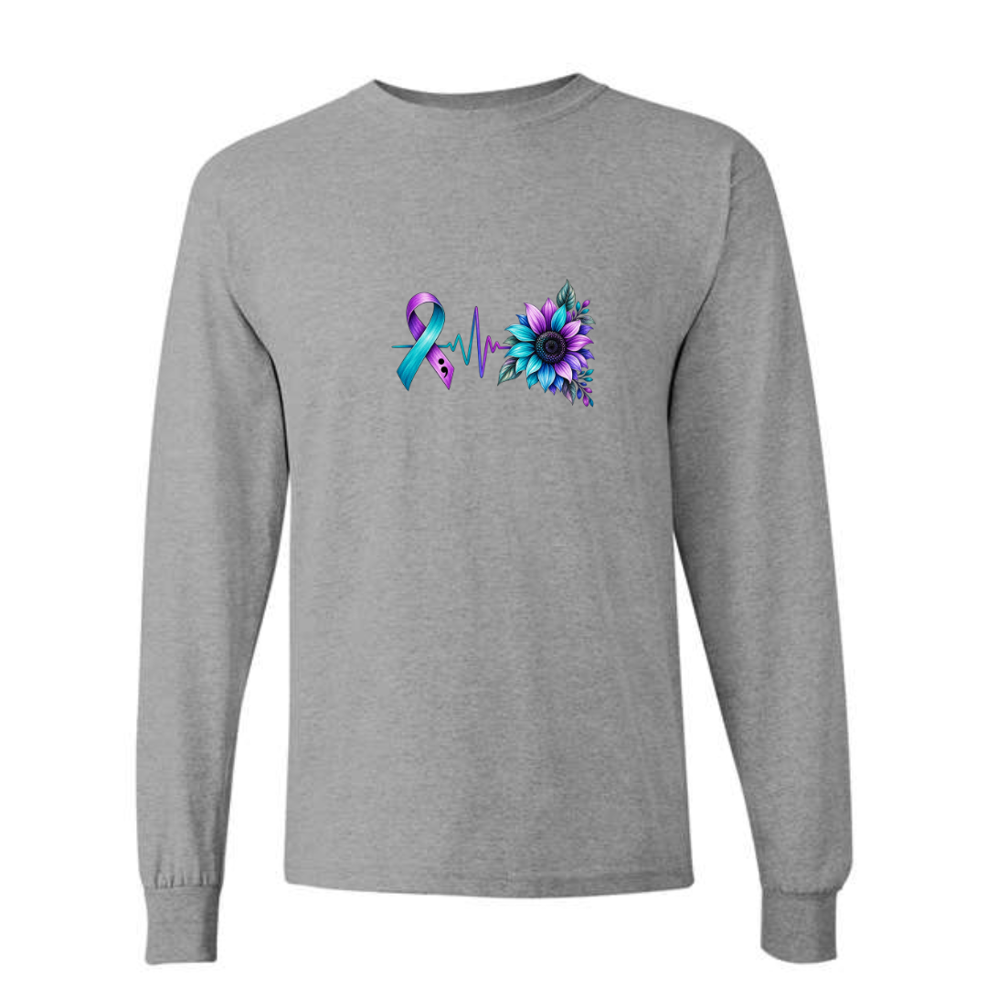 Suicide Prevention Ribbon Sunflower design on grey long sleeve tee