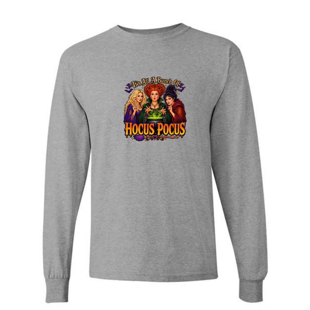 It's All A Bunch Of Hocus Pocus design on grey long sleeve tee