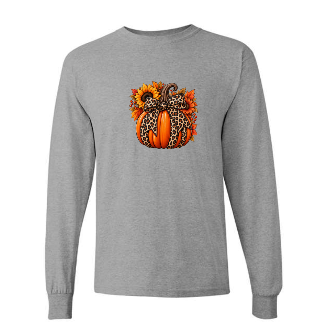 Leopard Pumpkin With Bow design on grey long sleeve tee