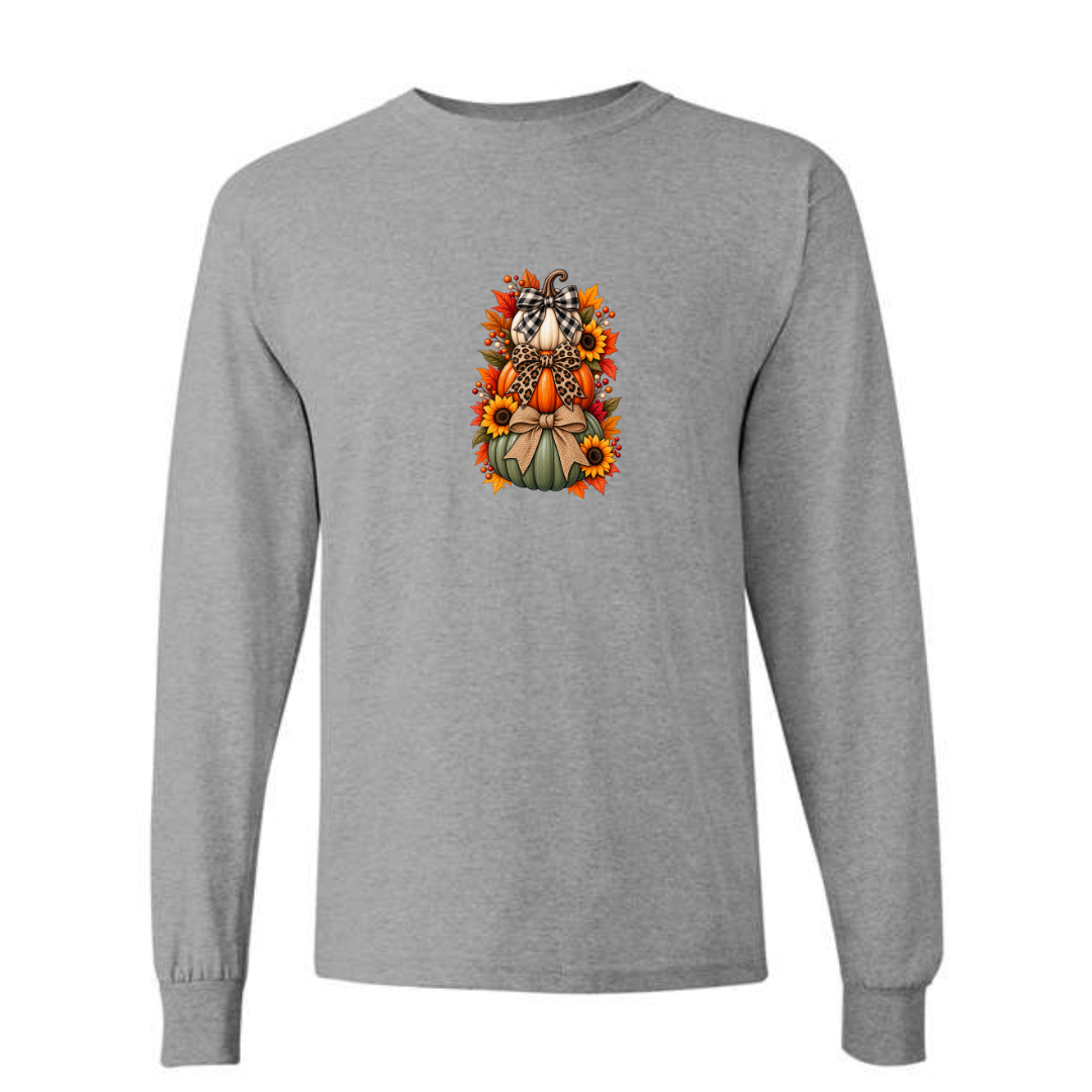 Stacked Pumpkins With Bows design on grey long sleeve tee