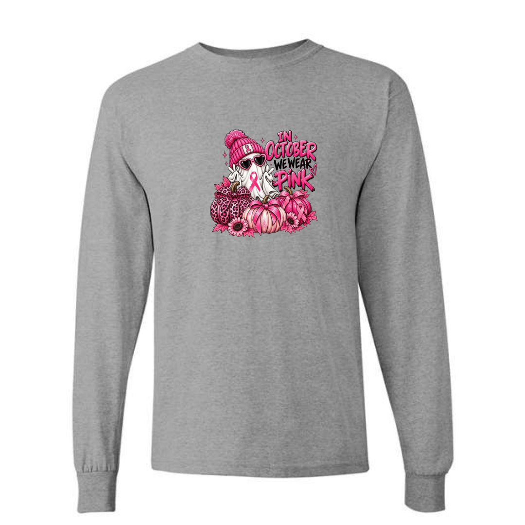 In October We Wear Pink — Ghost design on grey long sleeve tee
