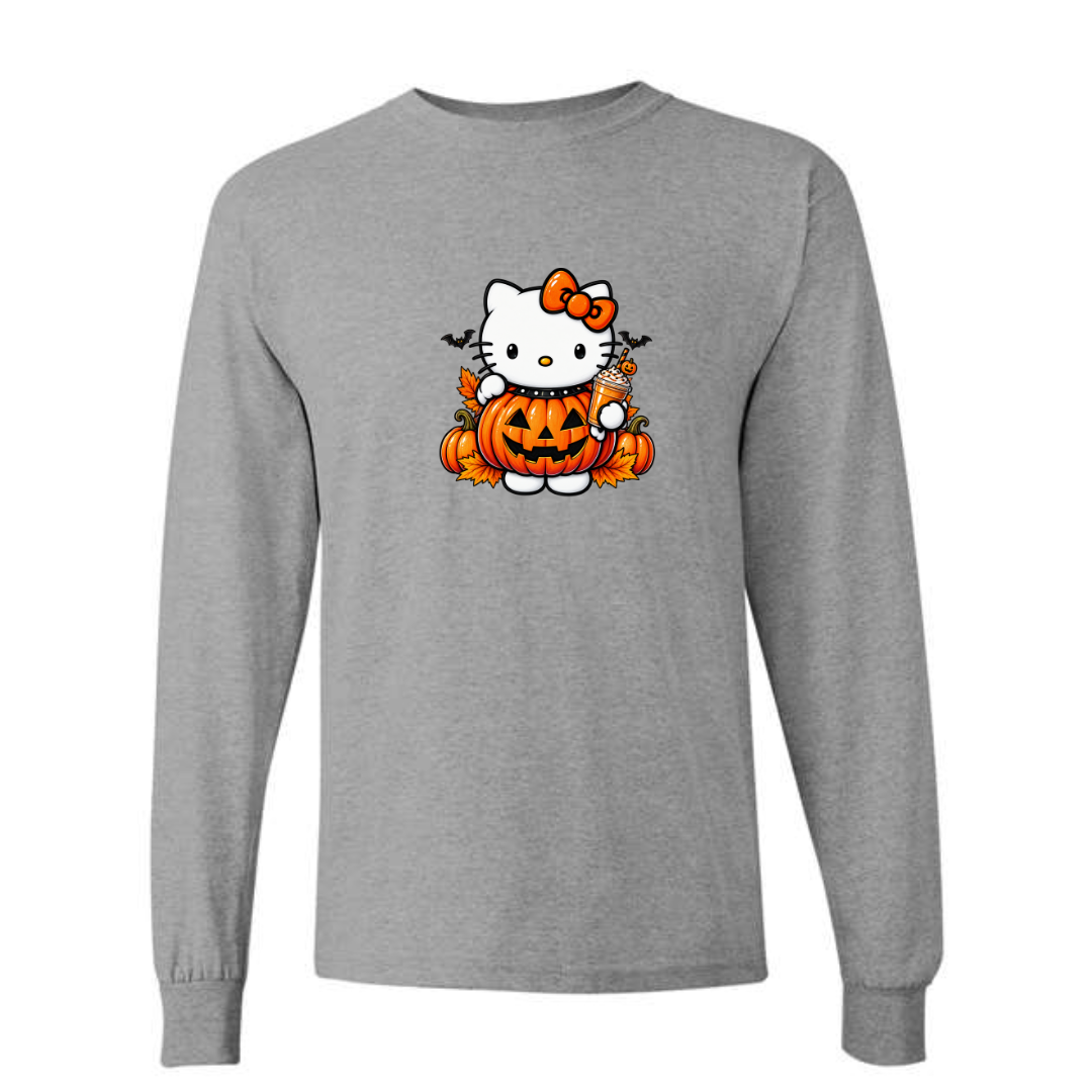 Kitty Pumpkin Latte design on grey long sleeve tee