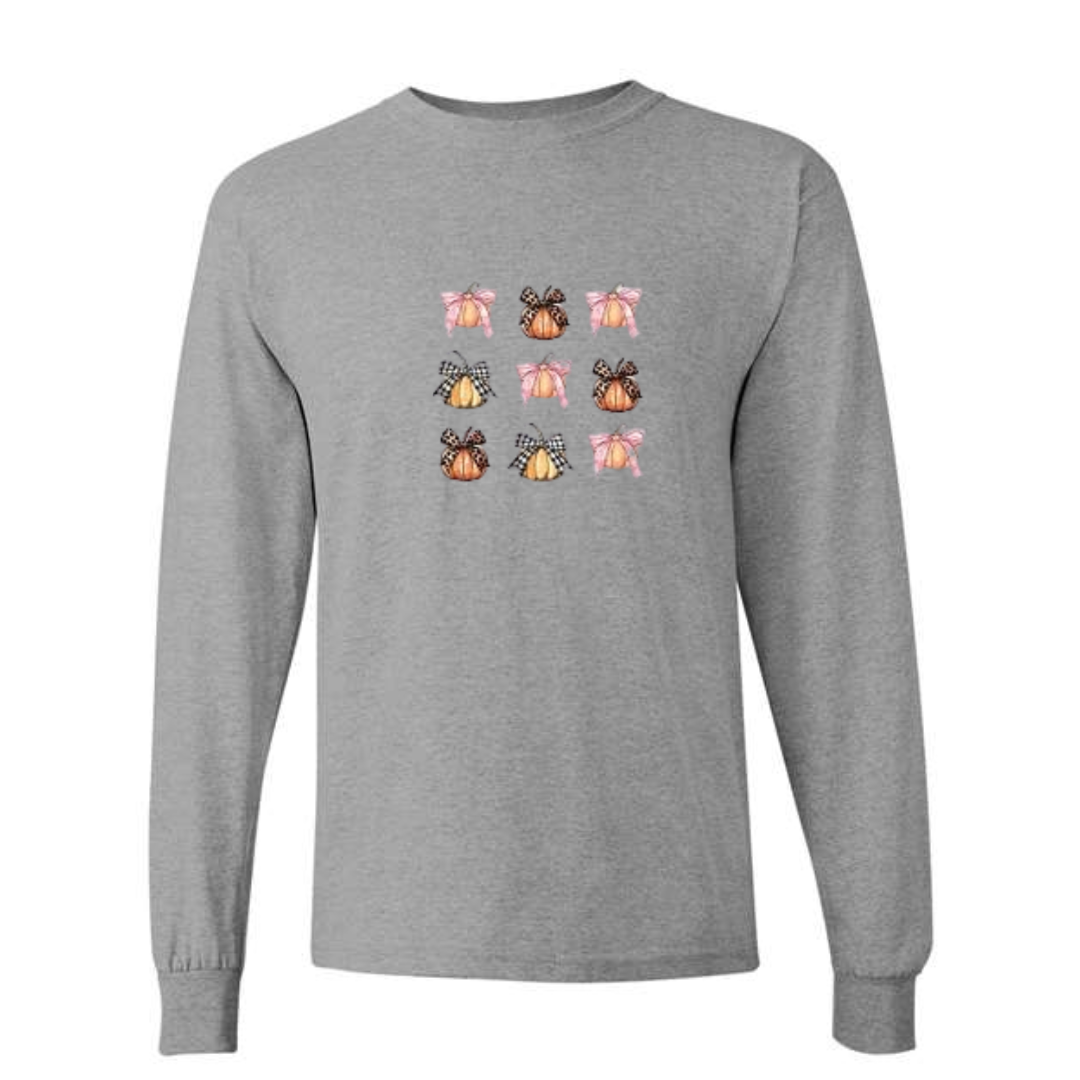 Coquette Pumpkin Bows design on grey long sleeve tee