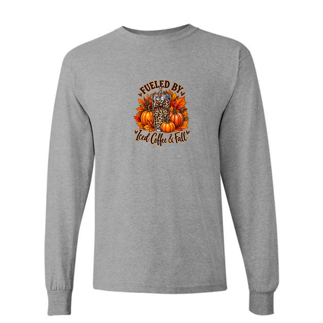 Fueled By Iced Coffee & Fall design on grey long sleeve tee
