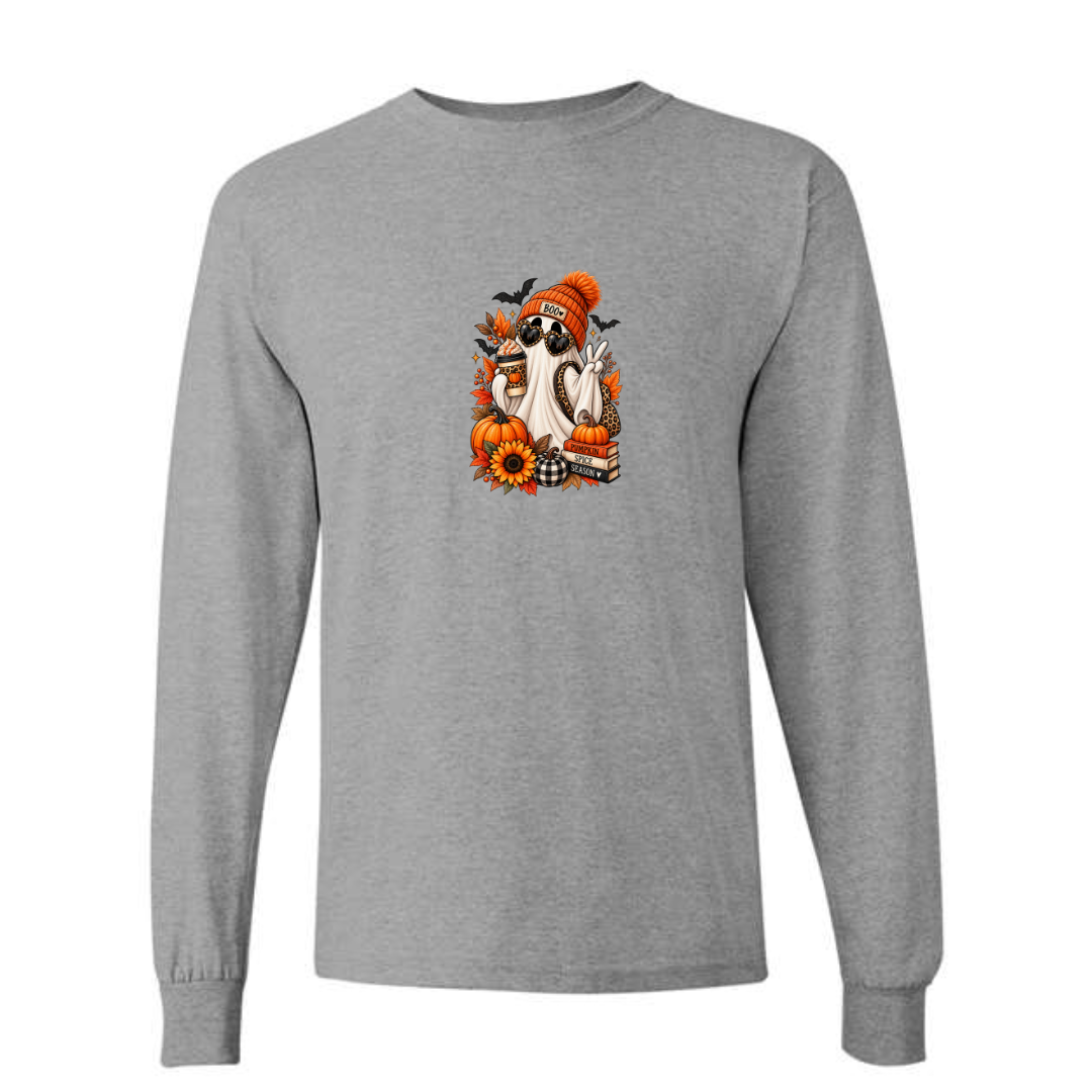 Pumpkin Spice Season Ghost design on grey long sleeve tee