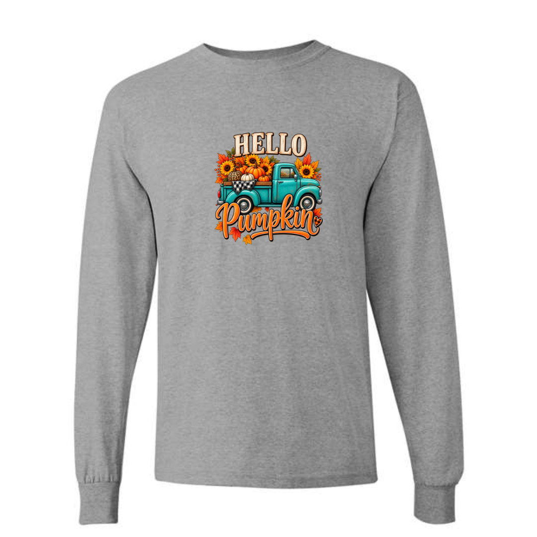 Hello Pumpkin Truck design on grey long sleeve tee