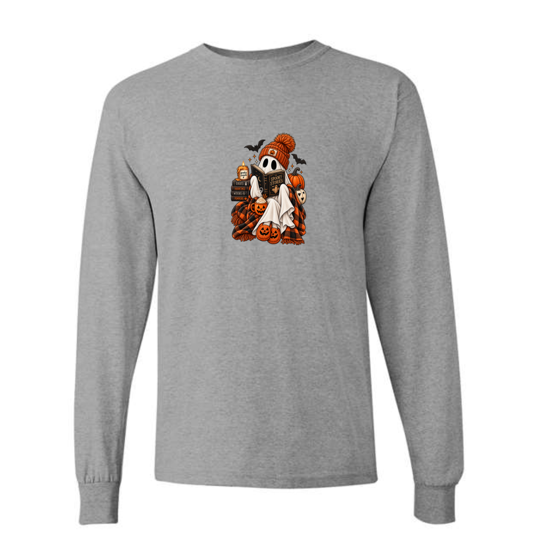 Spooky Stories design on grey long sleeve tee