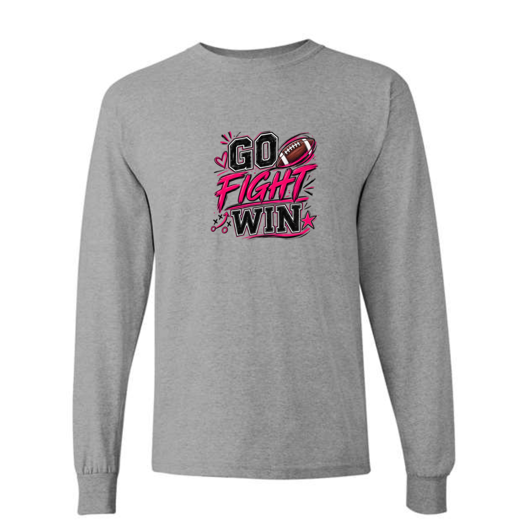 Go Fight Win design on grey long sleeve tee