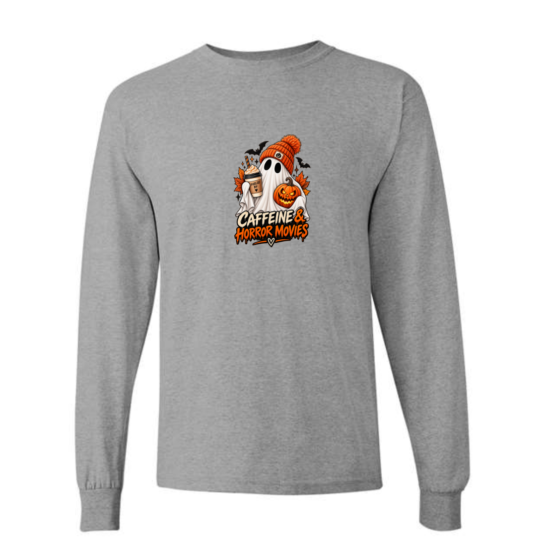 Caffeine & Horror Movies design on grey long sleeve tee