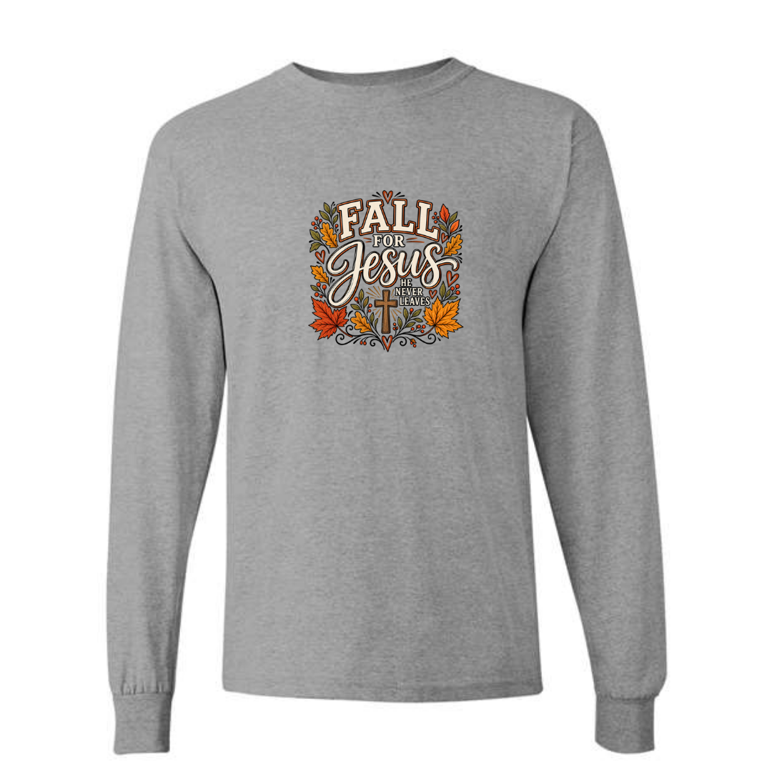 Fall For Jesus He Never Leaves — Autumn Leaves design on grey long sleeve tee