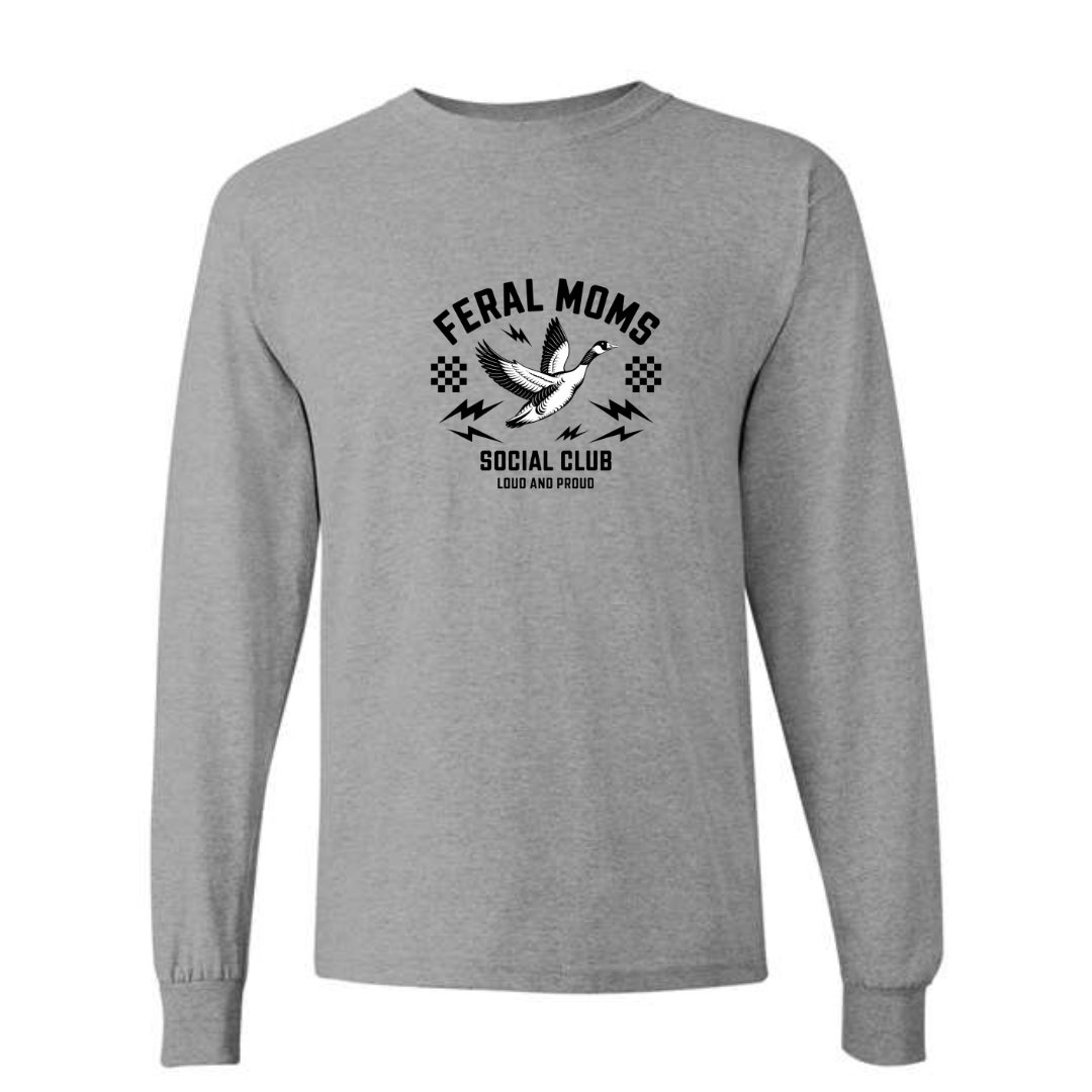 Feral Moms Social Club design on grey long sleeve tee