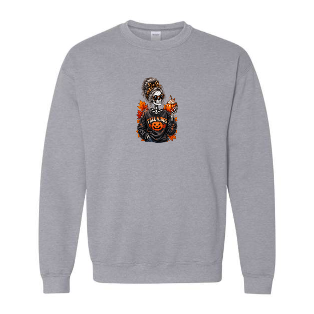 Fall Vibes Skeleton design on grey crewneck sweatshirt