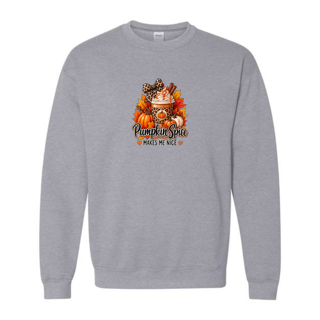 Pumpkin Spice Makes Me Nice design on grey crewneck sweatshirt