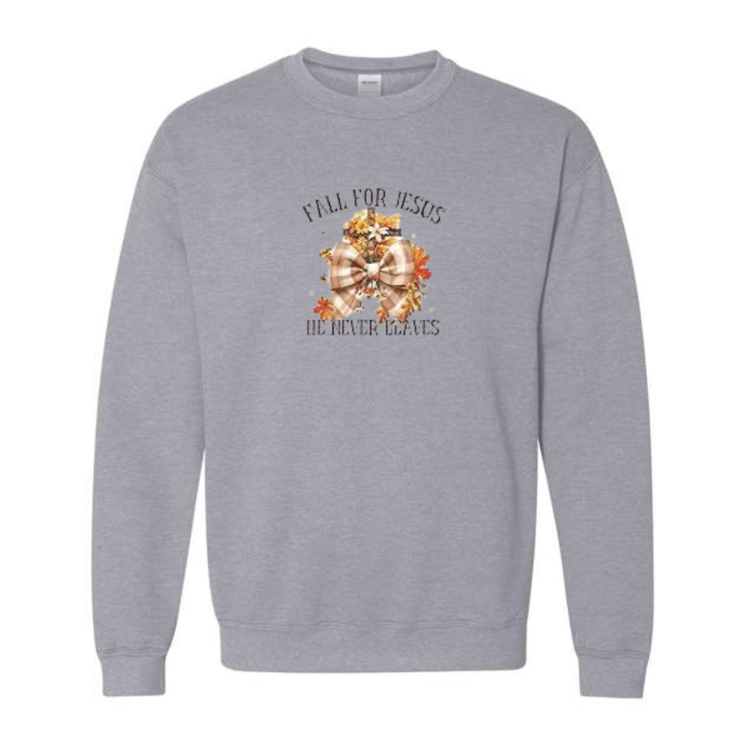 Fall For Jesus He Never Leaves design on grey crewneck sweatshirt