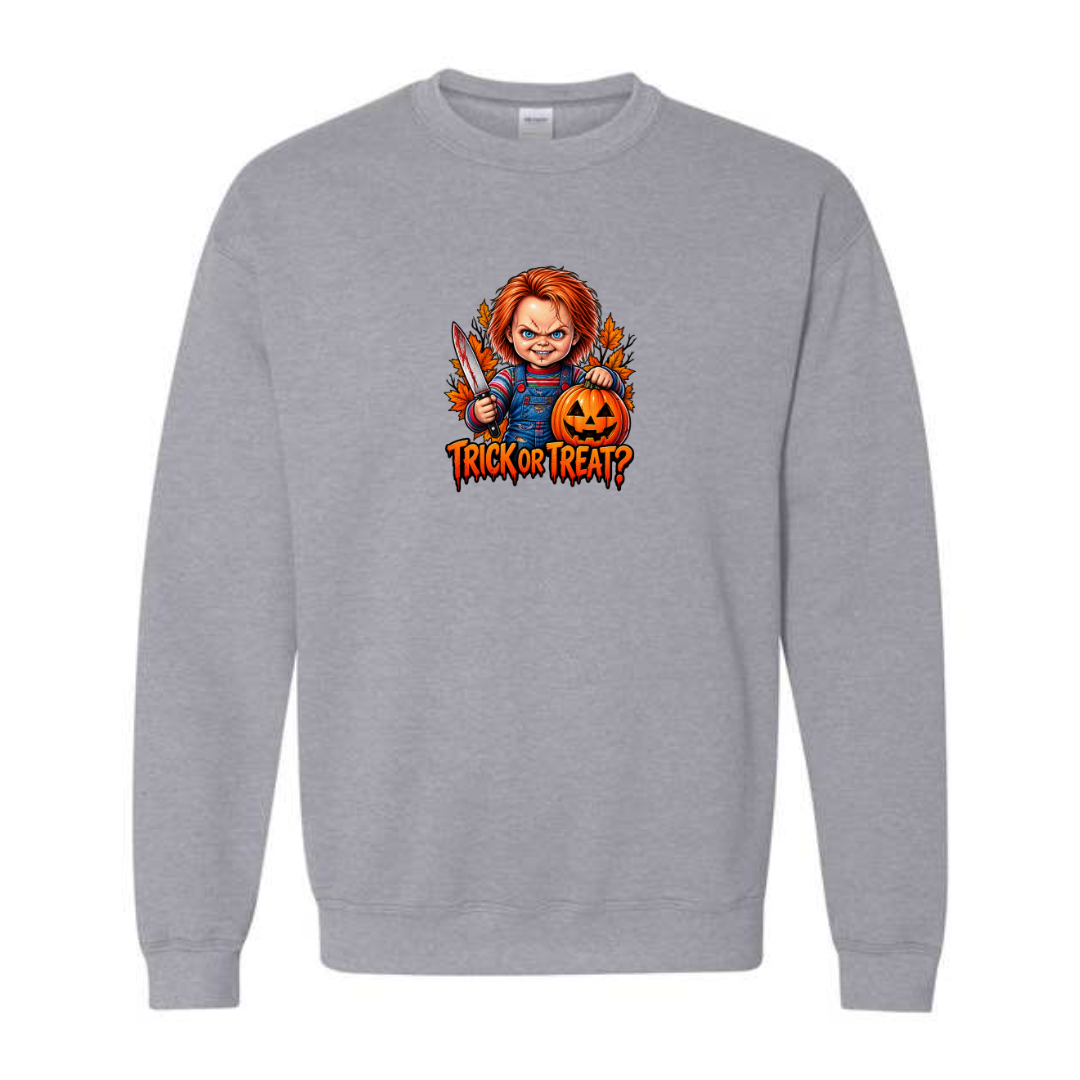 Trick Or Treat design on grey crewneck sweatshirt
