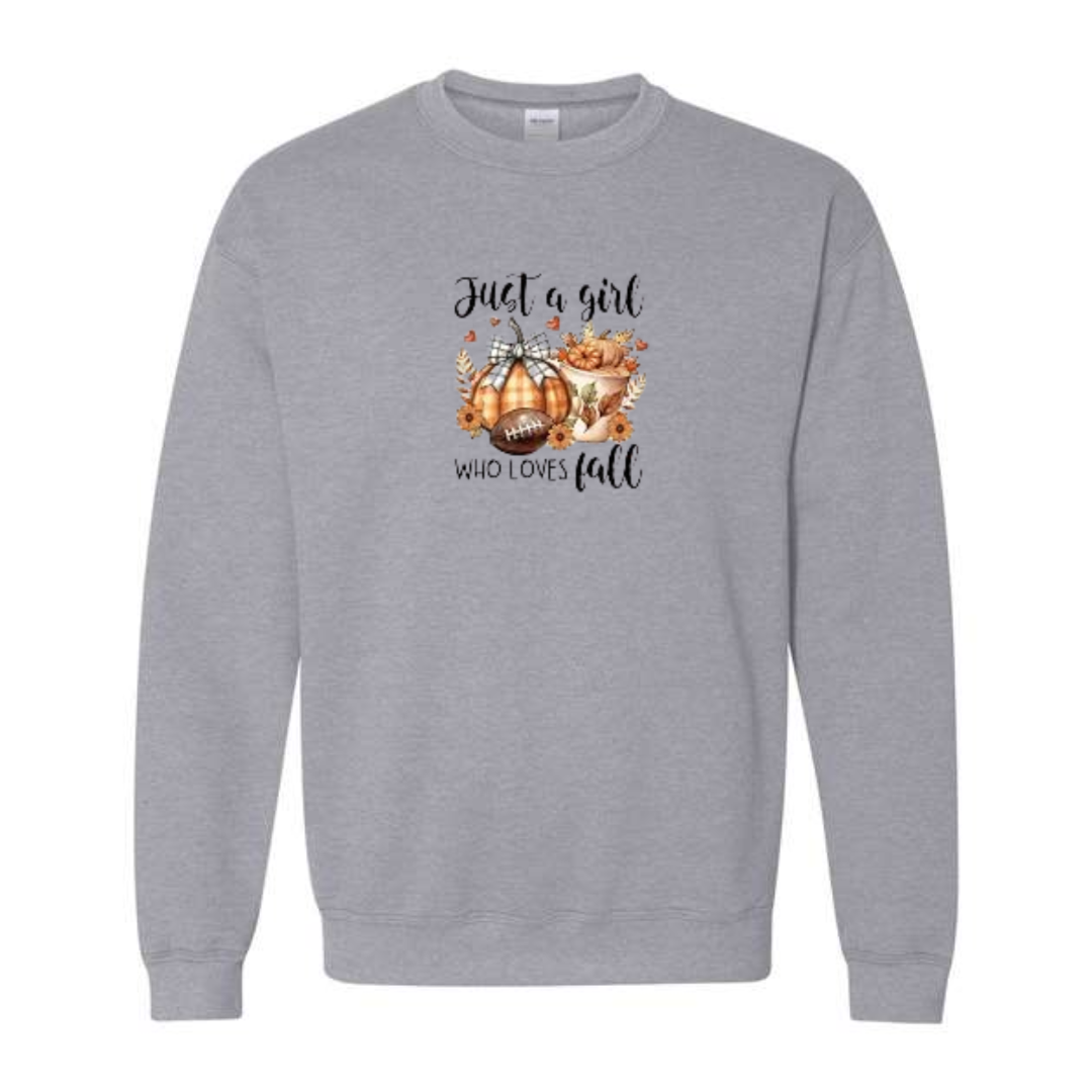 Just A Girl Who Loves Fall design on grey crewneck sweatshirt