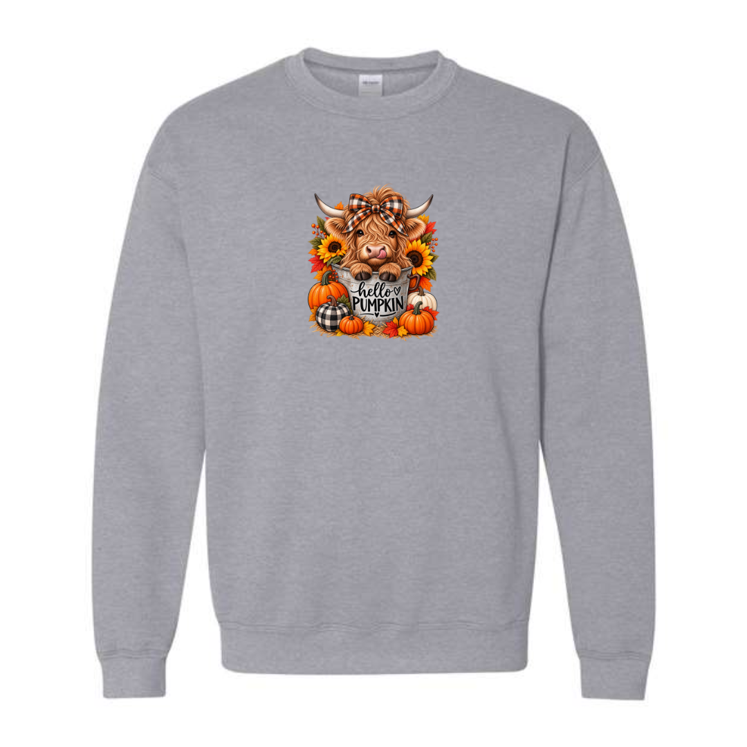 Hello Pumpkin Highland Cow design on grey crewneck sweatshirt
