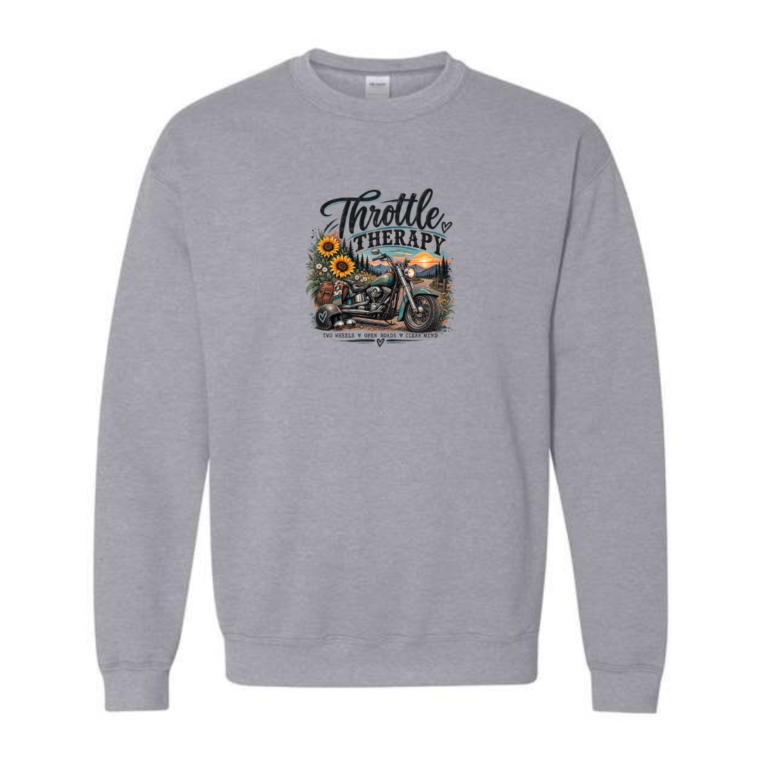 Throttle Therapy design on grey crewneck sweatshirt