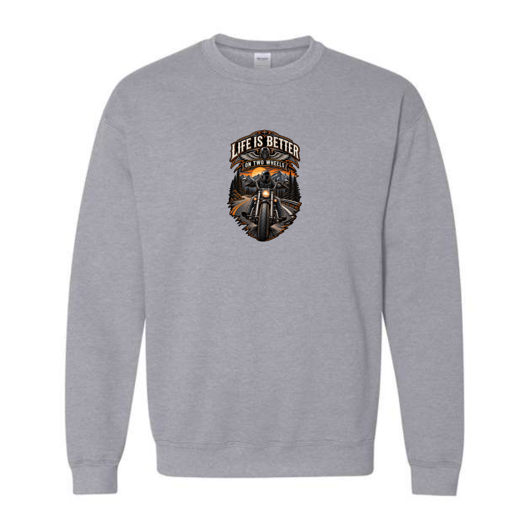 Life Is Better On Two Wheels design on grey crewneck sweatshirt
