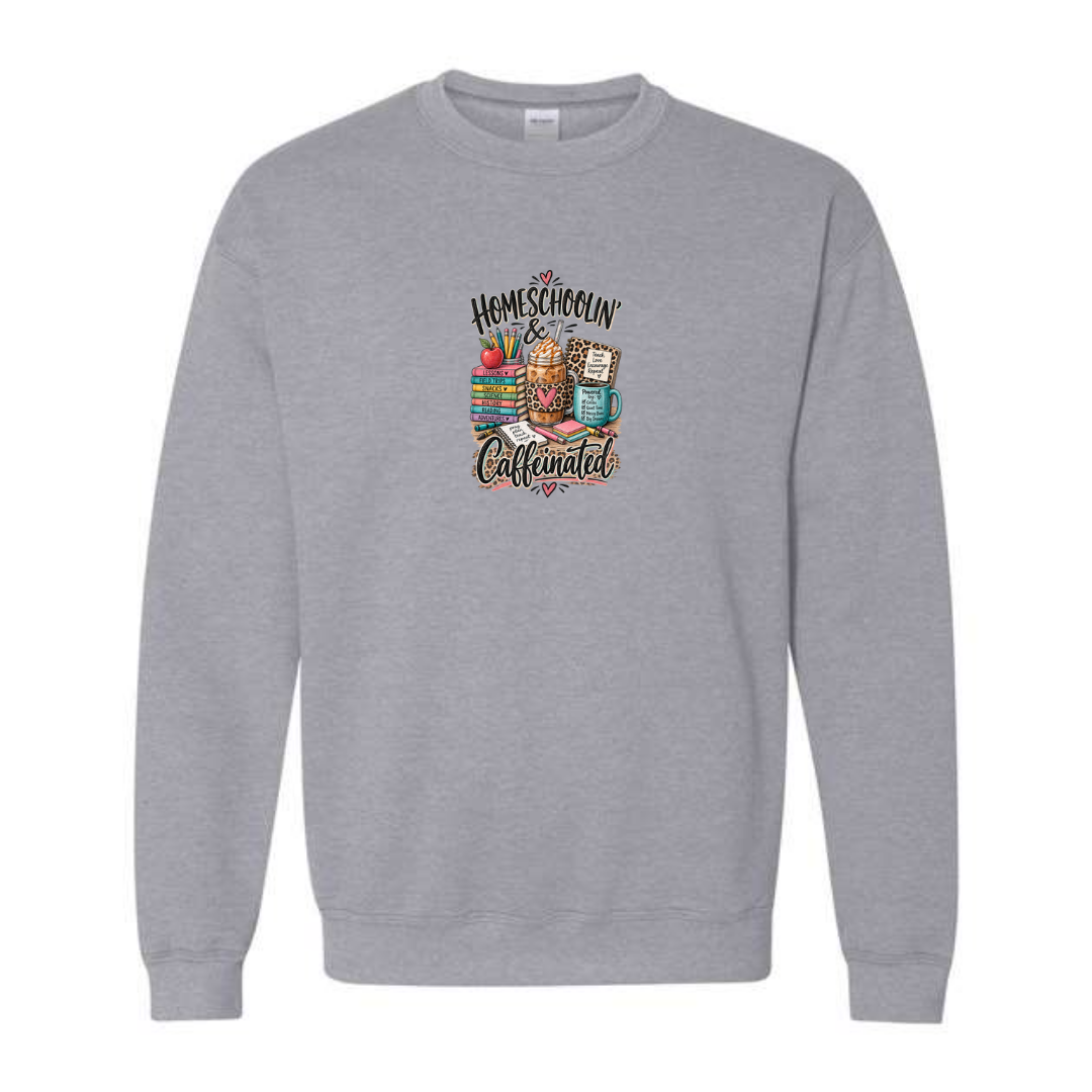 Homeschoolin' & Caffeinated design on grey crewneck sweatshirt