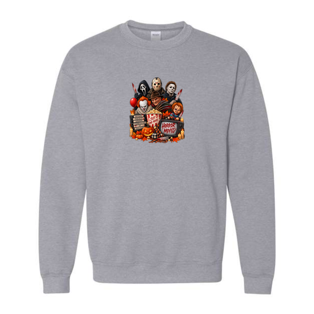 Just One More Horror Movie design on grey crewneck sweatshirt
