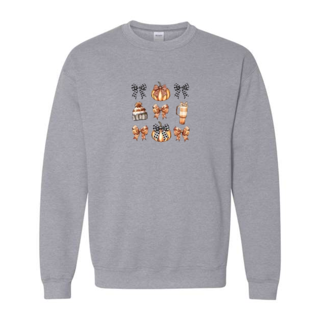 Cozy Bows and Brews design on grey crewneck sweatshirt