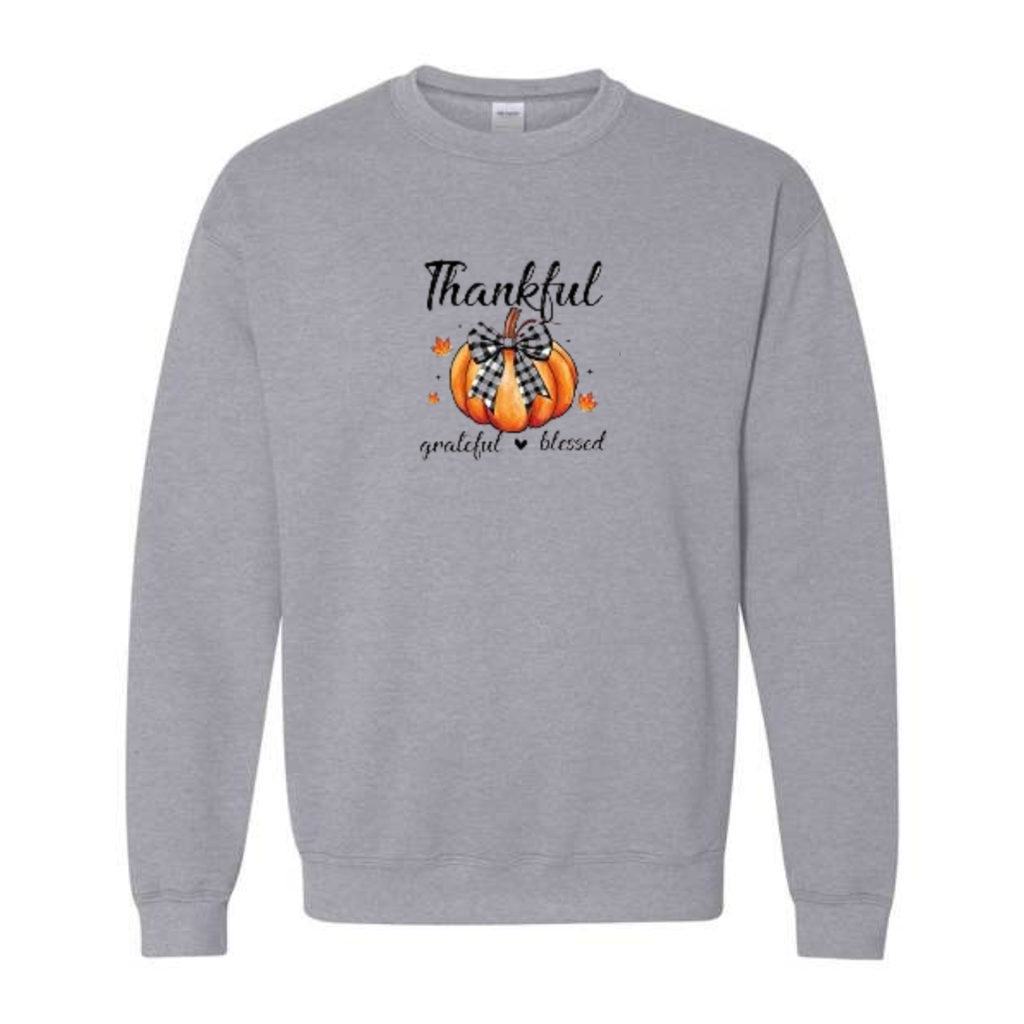 Thankful Grateful Blessed design on grey crewneck sweatshirt