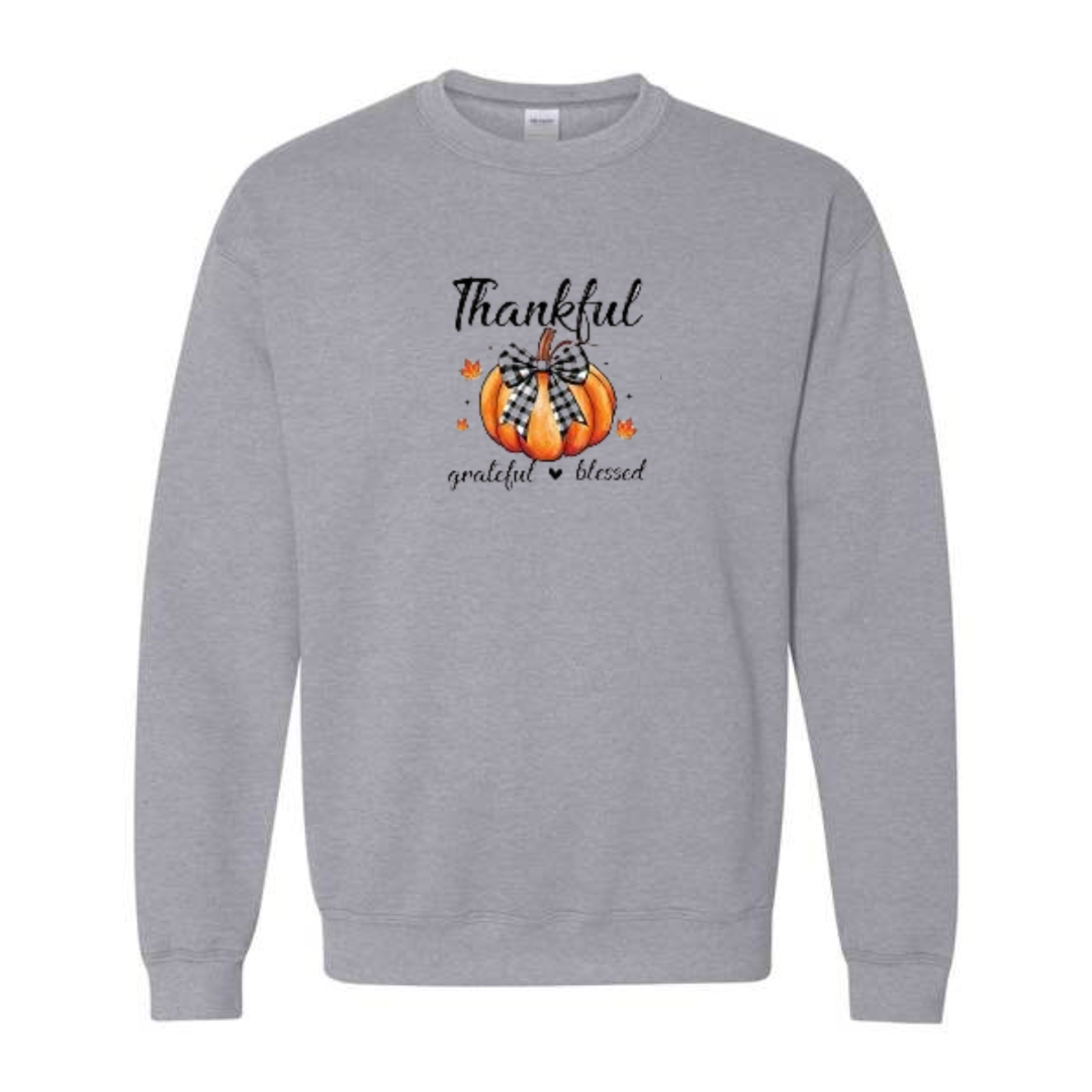 Thankful Grateful Blessed design on grey crewneck sweatshirt