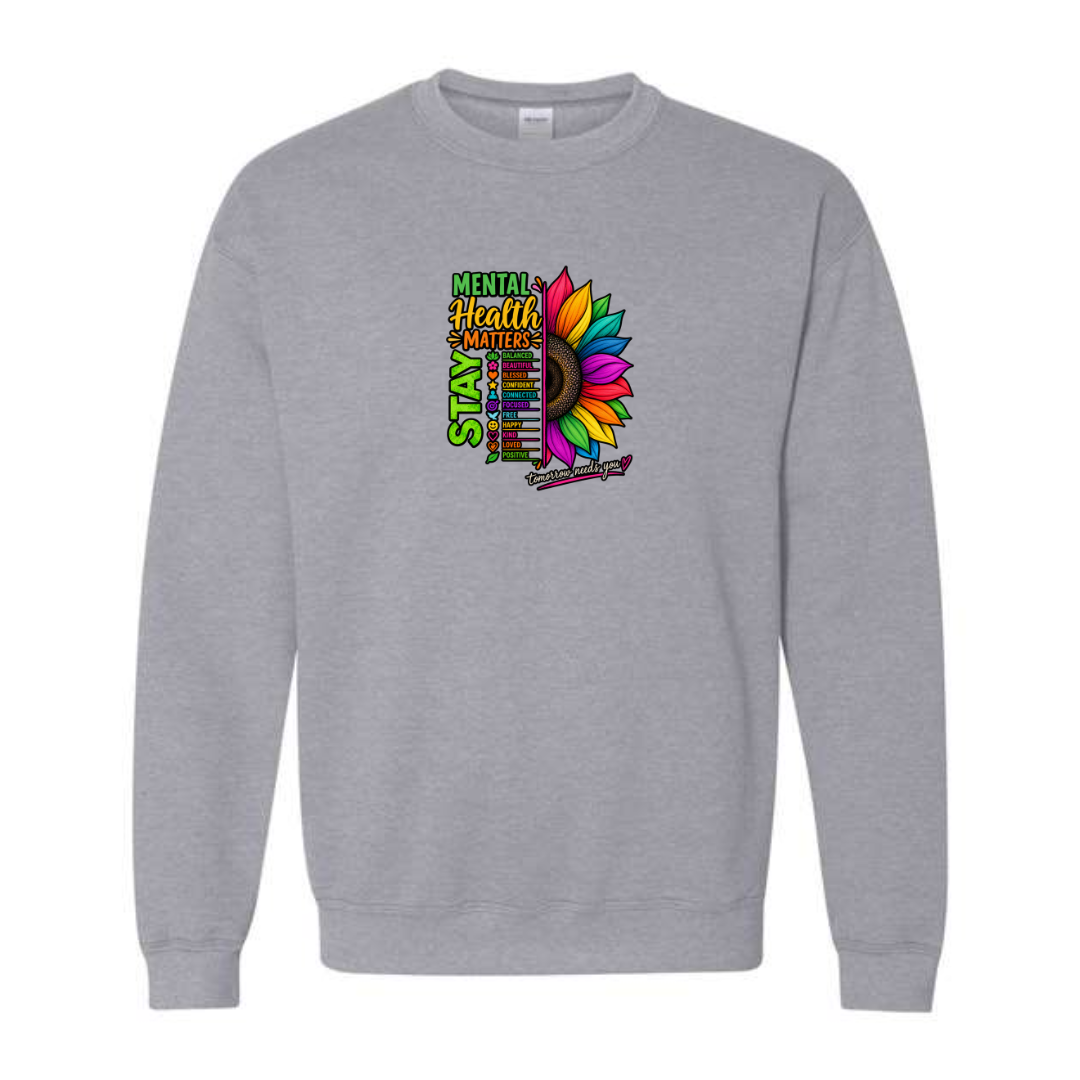 Mental Health Matters — Rainbow Sunflower design on grey crewneck sweatshirt