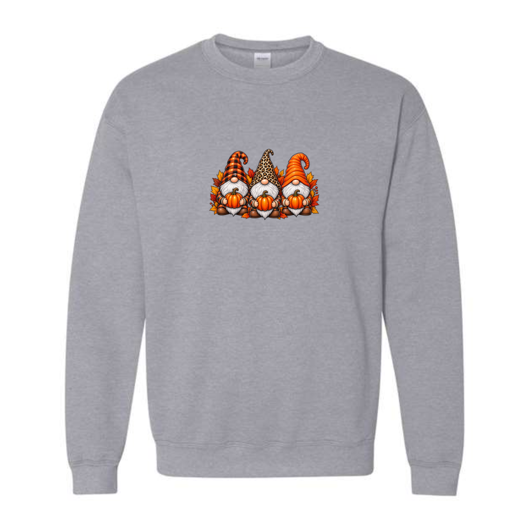 Fall Gnomes design on grey crewneck sweatshirt