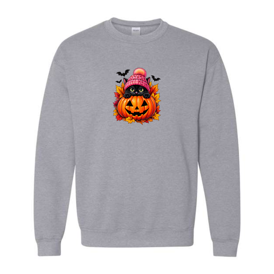 Black Cat Jack-O-Lantern design on grey crewneck sweatshirt