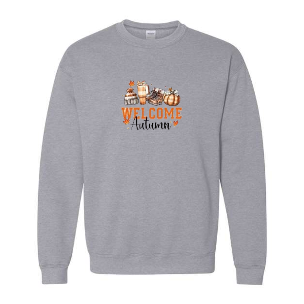 Welcome Autumn design on grey crewneck sweatshirt