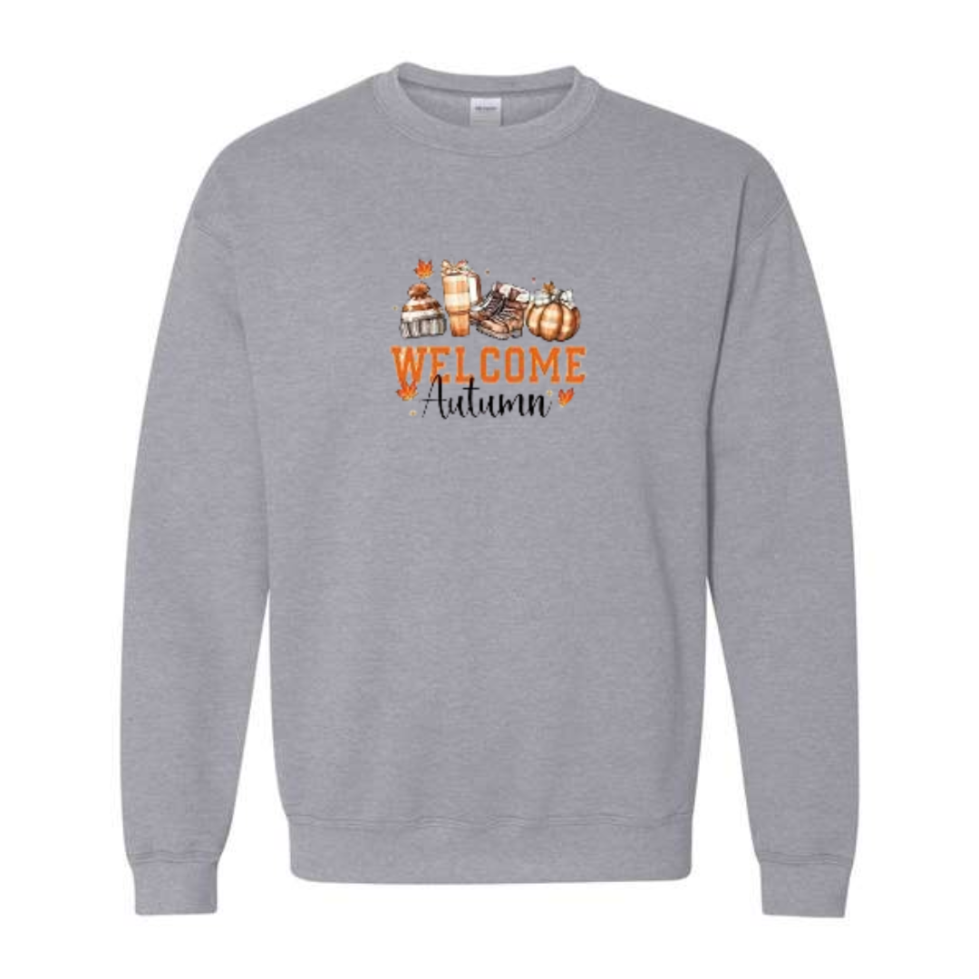 Welcome Autumn design on grey crewneck sweatshirt