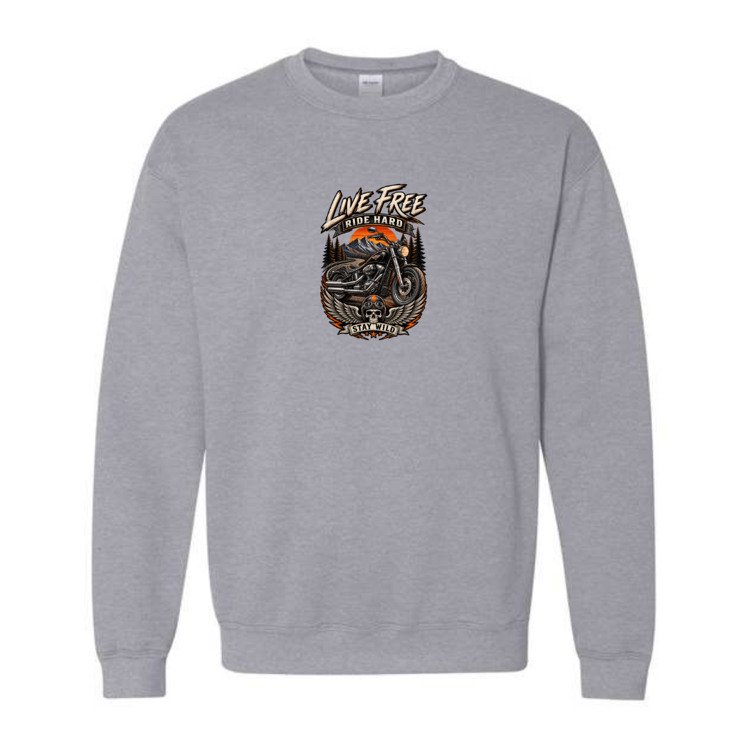 Live Free Ride Hard design on grey crewneck sweatshirt
